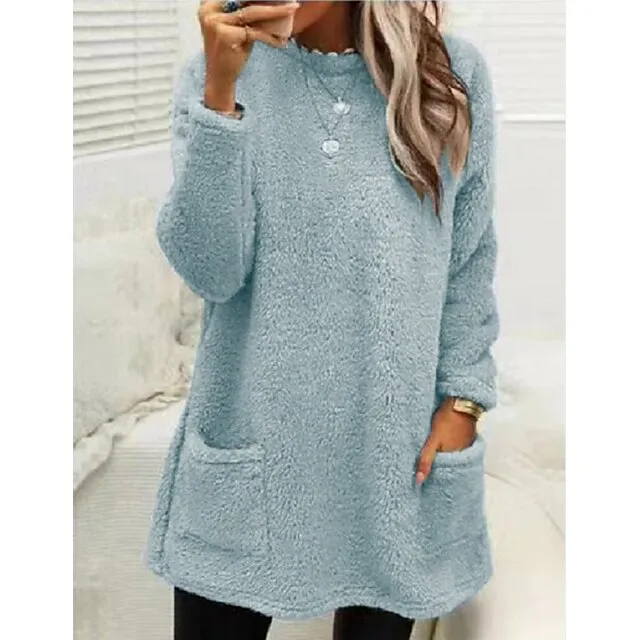 Women's Sweatshirt Pullover Sherpa Fleece Teddy Pocket Marron Black Blue Solid Color Street Casual Round Neck Long Sleeve Fleece S M L XL 2XL 3XL