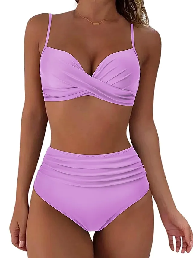 Women's Swimwear Bikini Normal Swimsuit 2 Piece High Waisted Plain Black Pink Purple Green Rose Red Bathing Suits Sports Beach Wear Push Up