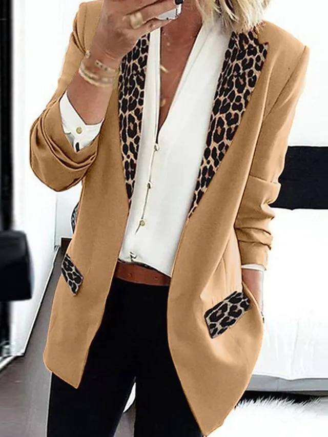 Women's Blazer Regular Print Coat Black Pink Wine Khaki Orange Casual Street Fall Open Front Turndown Regular Fit S M L XL XXL 3XL / Daily / Warm / Leopard