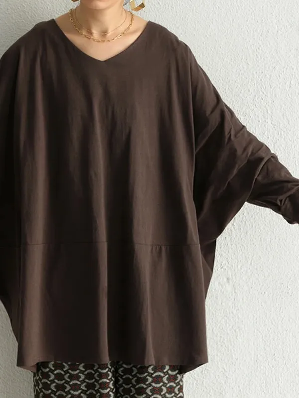 Simple Oversize Solid Color V-Neck Batwing Sleeve T-Shirts