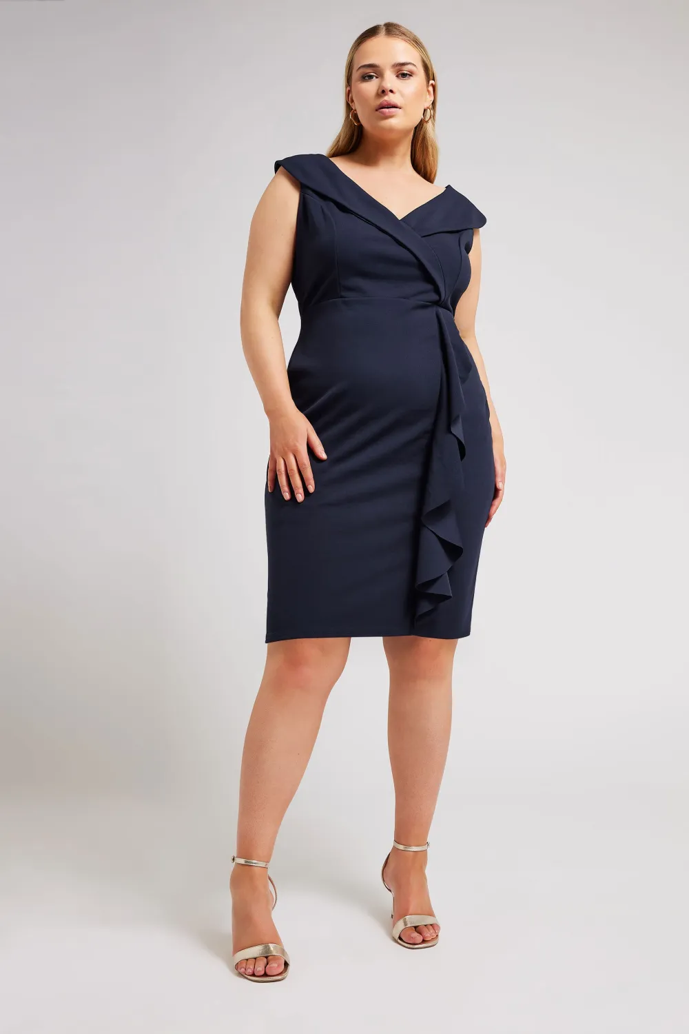 YOURS LONDON Curve Navy Blue Tuxedo Style Ruffle Dress