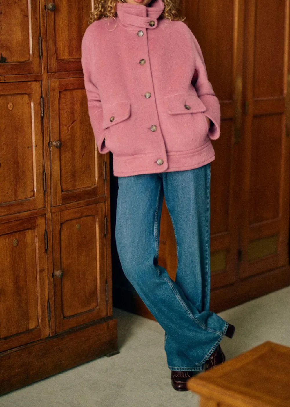 High Collar Short Button Front Coat