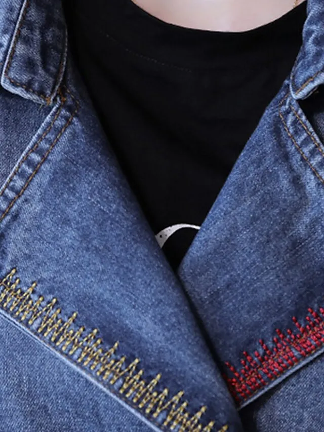 Women's Denim Jacket Regular Coat Regular Fit Warm Breathable Streetwear Elegant Jacket Spring Summer Long Sleeve Solid Color Pocket Navy Blue Outdoor Street Daily