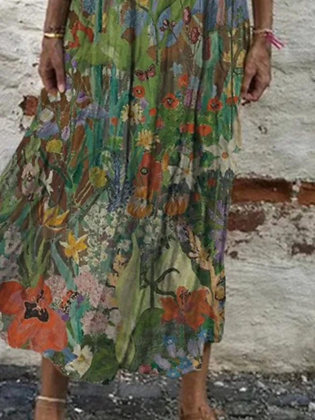 Women's Casual Dress Shift Dress Long Dress Maxi Dress Wine Blue Green Short Sleeve Floral Print Summer Spring Crew Neck Vintage Vacation Summer Dress Spring Dress 2023 S M L XL XXL 3XL