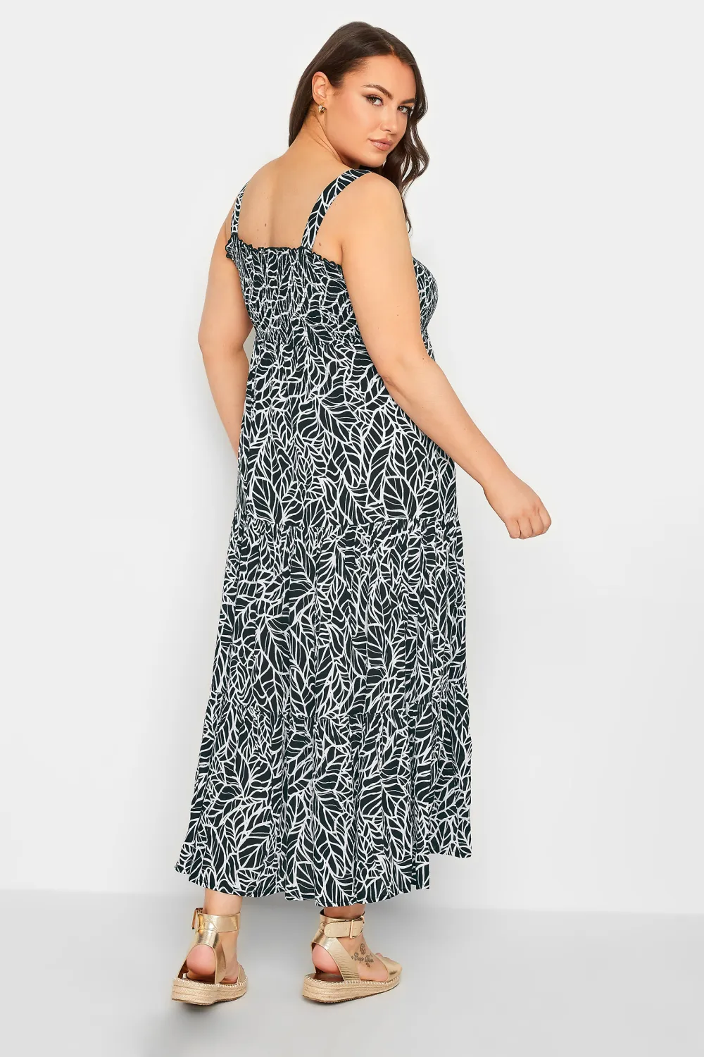 YOURS Curve Black Leaf Print Shirred Maxi Dress