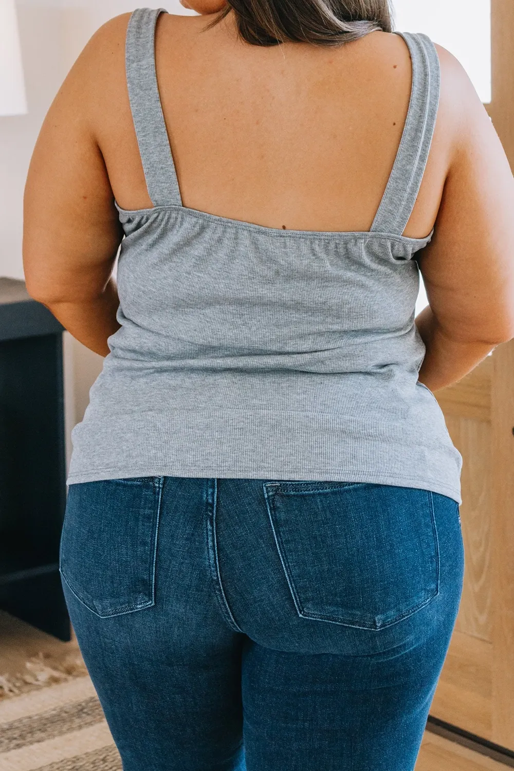 Grey Basic Button Strap Slim-Fit Tank Tops