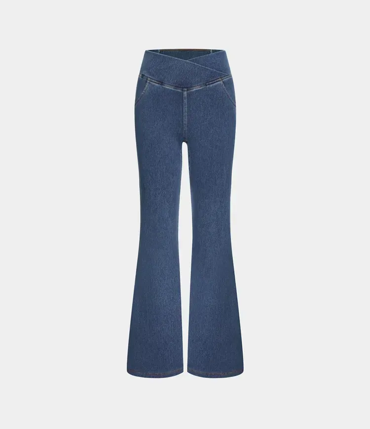 High Waisted Crossover Pocket Washed Stretchy Knit Denim Casual Super Flare Pants