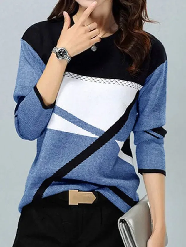 Women Color Block Crew Neck Casual Long Sleeve Top