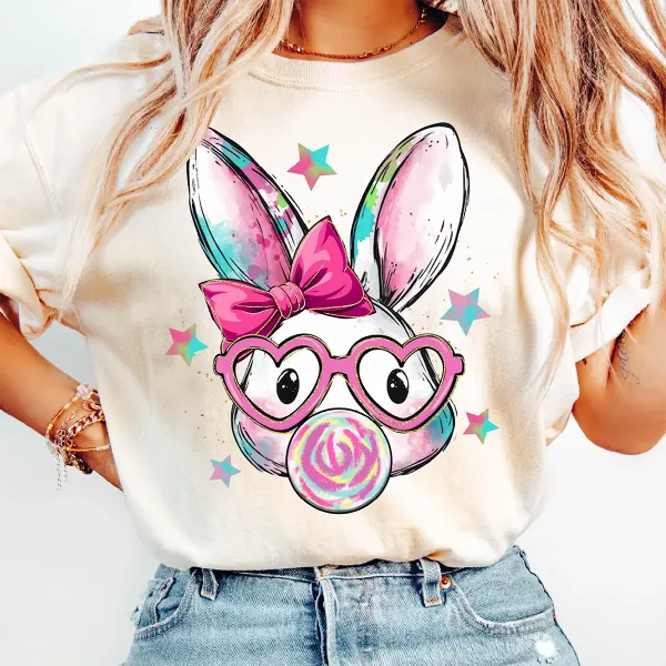 Easter Colorful Love Bow Bunny Blowing Bubbles Printed Round Neck Short Sleeve T-Shirt