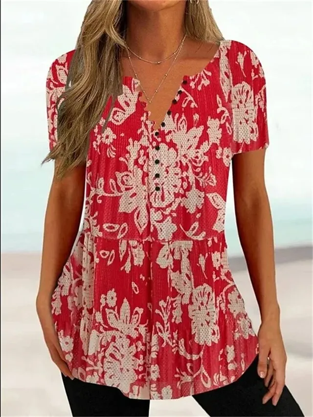 Women's T shirt Tee Henley Shirt Floral Color Gradient Casual Weekend Black Red Blue Print Short Sleeve Tunic Basic V Neck Regular Fit