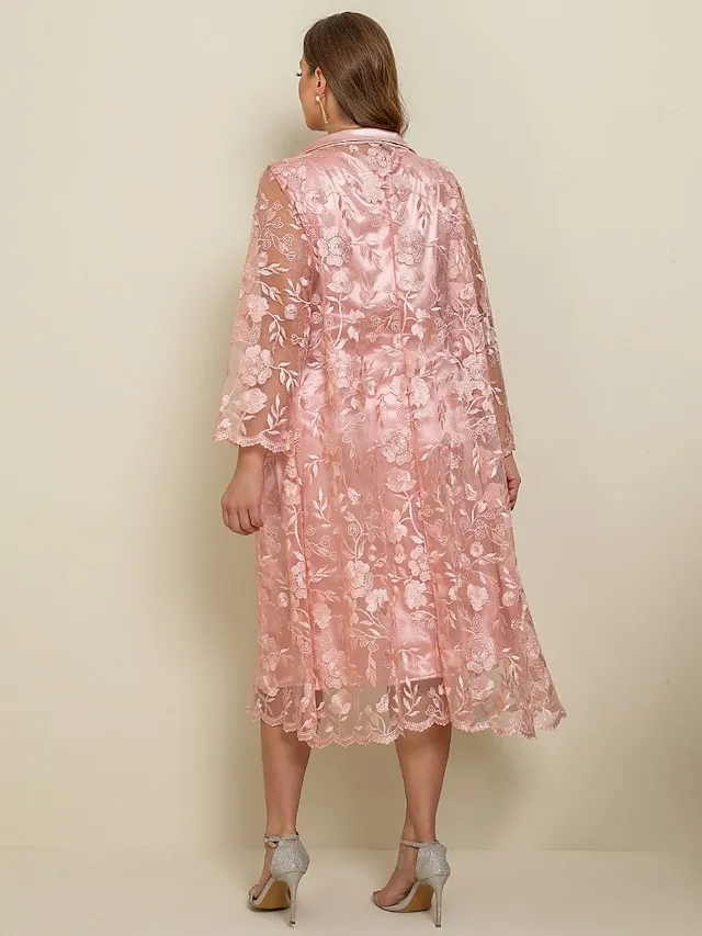 Women‘s Plus Size Curve Two Piece Dress Lace Party Dress Print Crew Neck 3/4 Length Sleeve Spring Fall Work Midi Dress Formal Vacation Dress Wedding Guest Dress