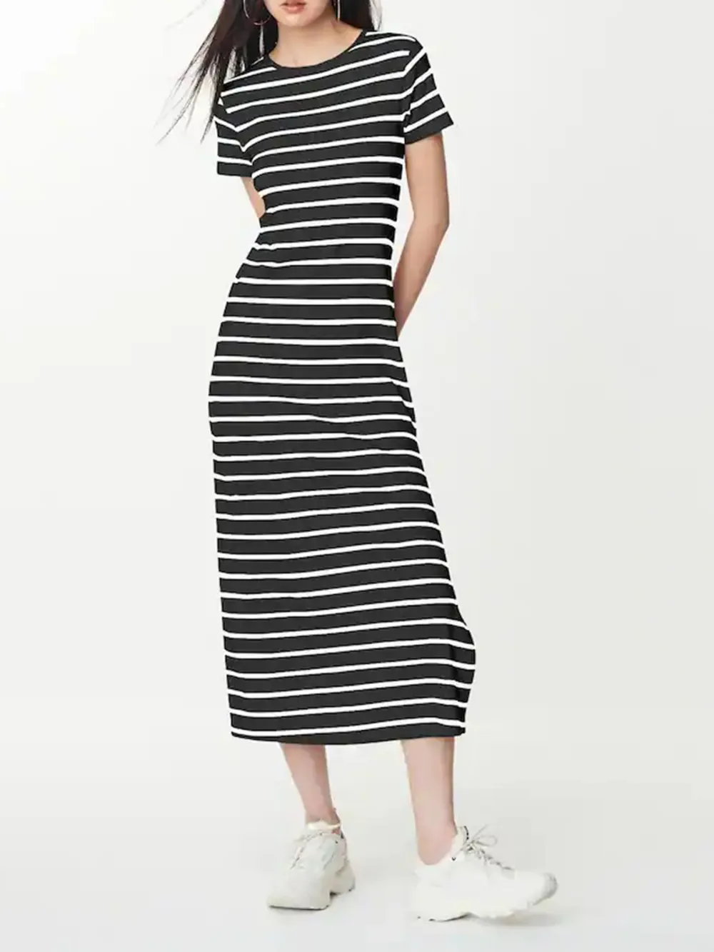 Basic Minimalist Ribbed Solid Color Crew Neck Dress
