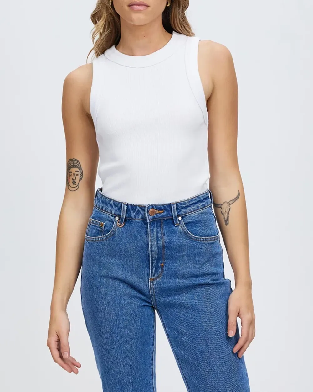 Plain white round neck striped vest