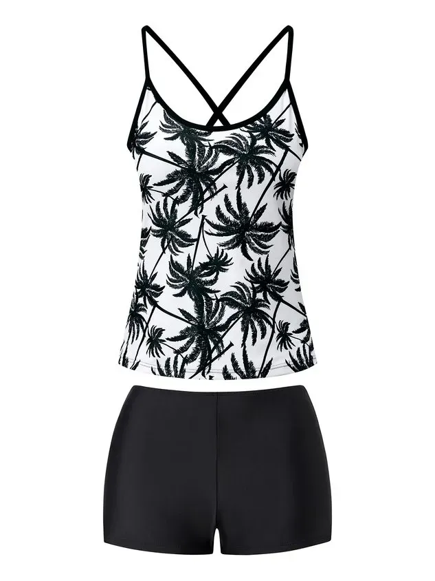 Vacation Floral Printing Scoop Neck Tankinis Two-Piece Set