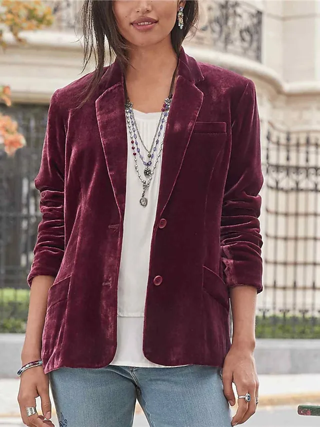 Women's Casual Blazer Velvet Casula Jacket Lapel Collar with Pockets Fall Party Jacket Winter Christmas Regular Fit Warm Stylish Vintage Style Classic Style Jacket Long Sleeve Solid Color Pure Color