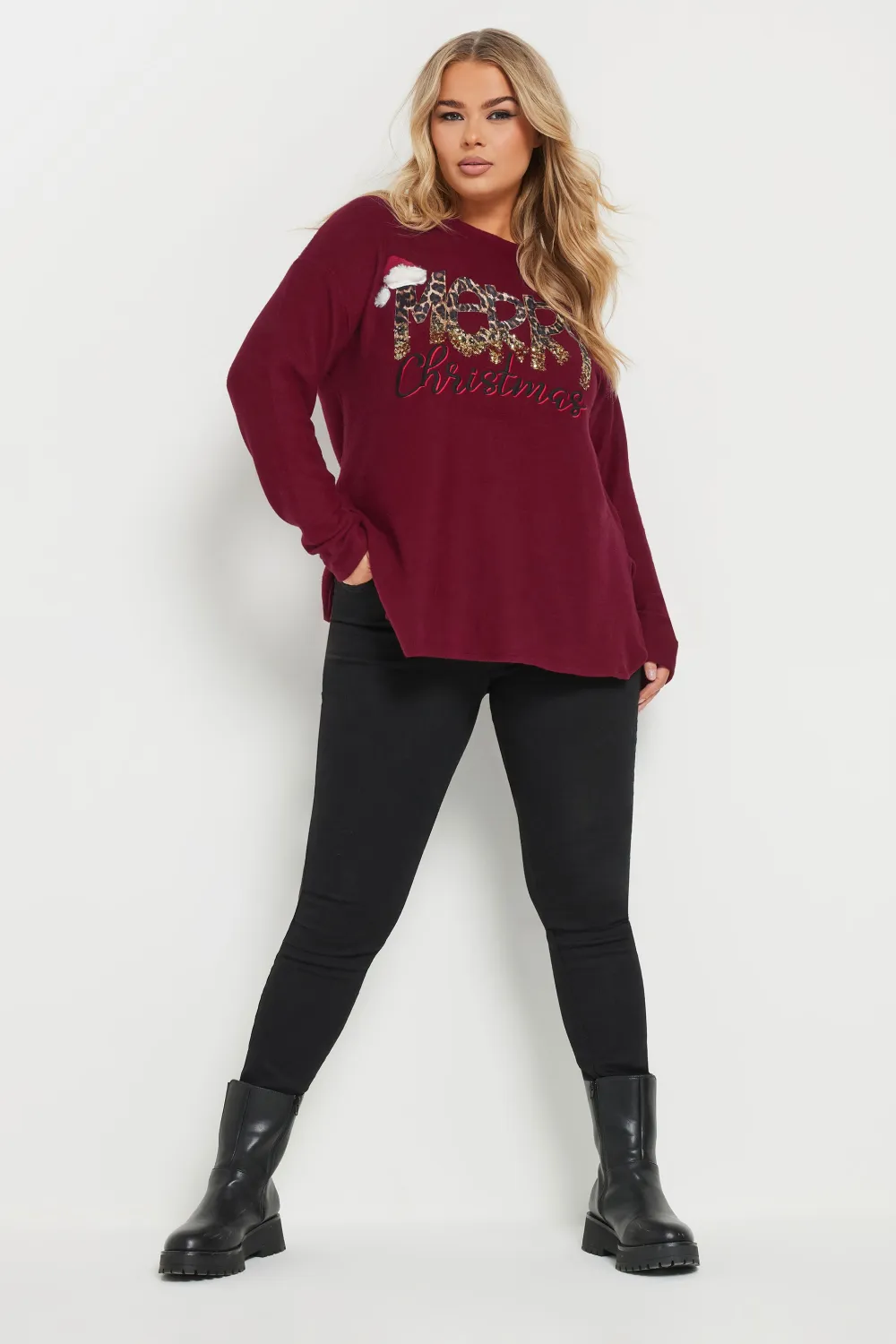 YOURS Curve Burgundy Red 'Merry Christmas' Sequin Embellished Sweatshirt