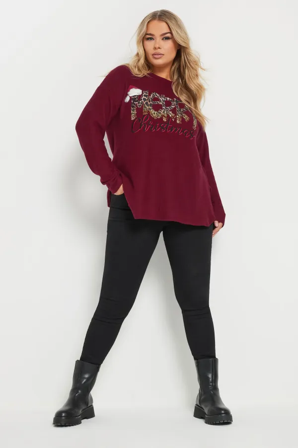 YOURS Curve Burgundy Red 'Merry Christmas' Sequin Embellished Sweatshirt