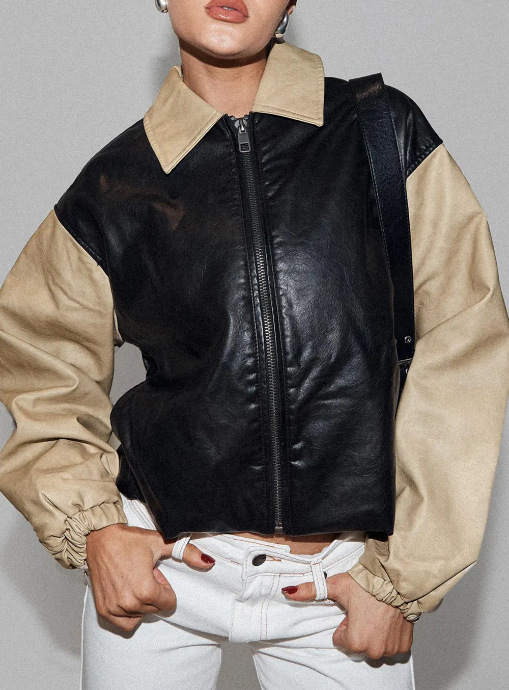 Two Tone Faux Leather Collared Jacket