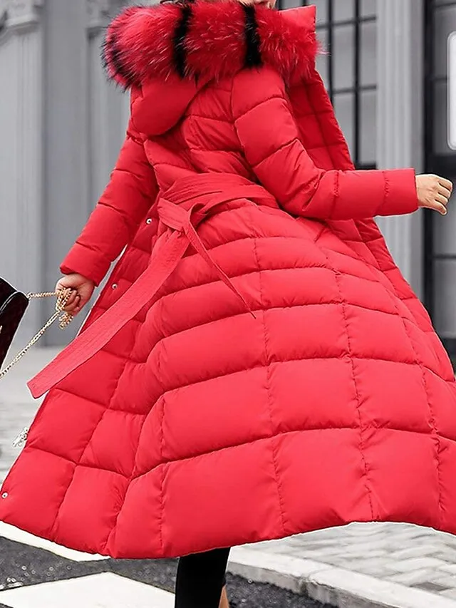 Women's Parka Winter Long Puffer Jacket Thicken Warm Coat with Fur Collar Windproof Casual Jacket Zip up Quilted Long Sleeve with Pockets