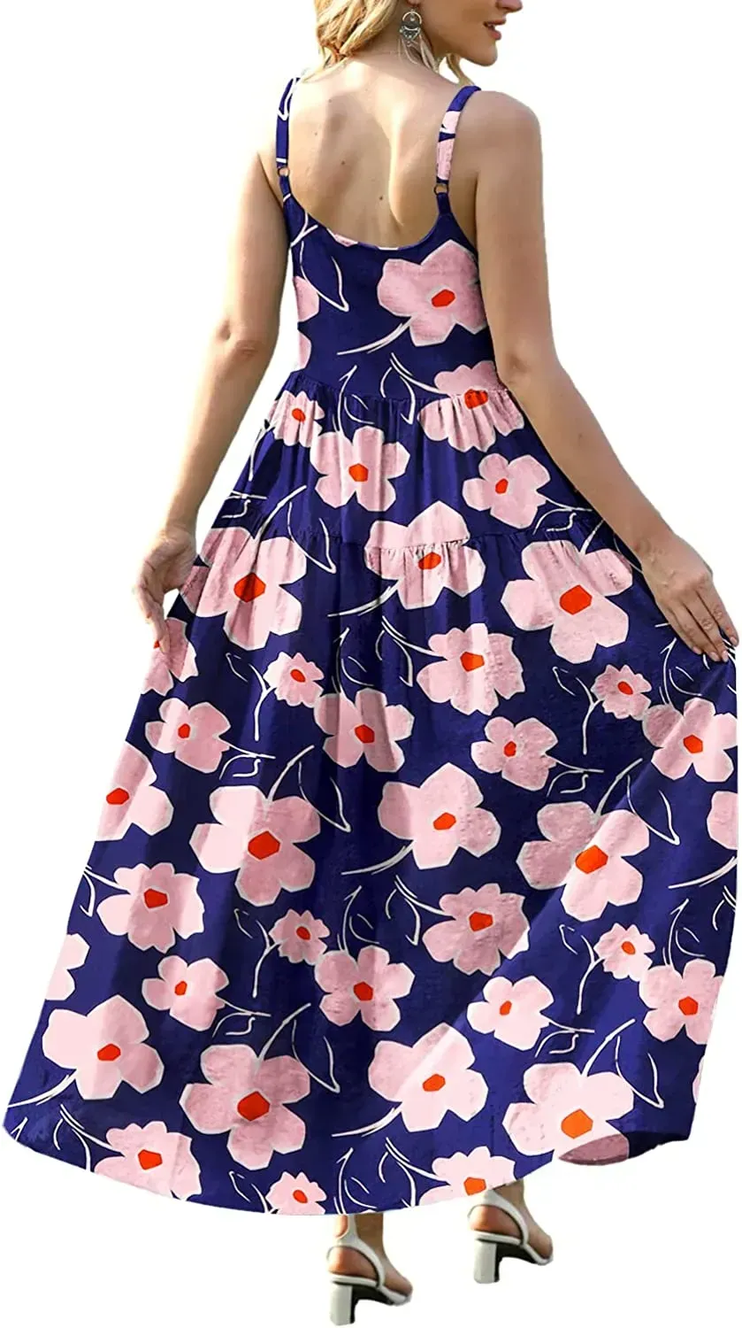 Summer Dresses for Women Casual Loose Bohemian Floral Dress with Pockets Spaghetti Strap Maxi Dress E75