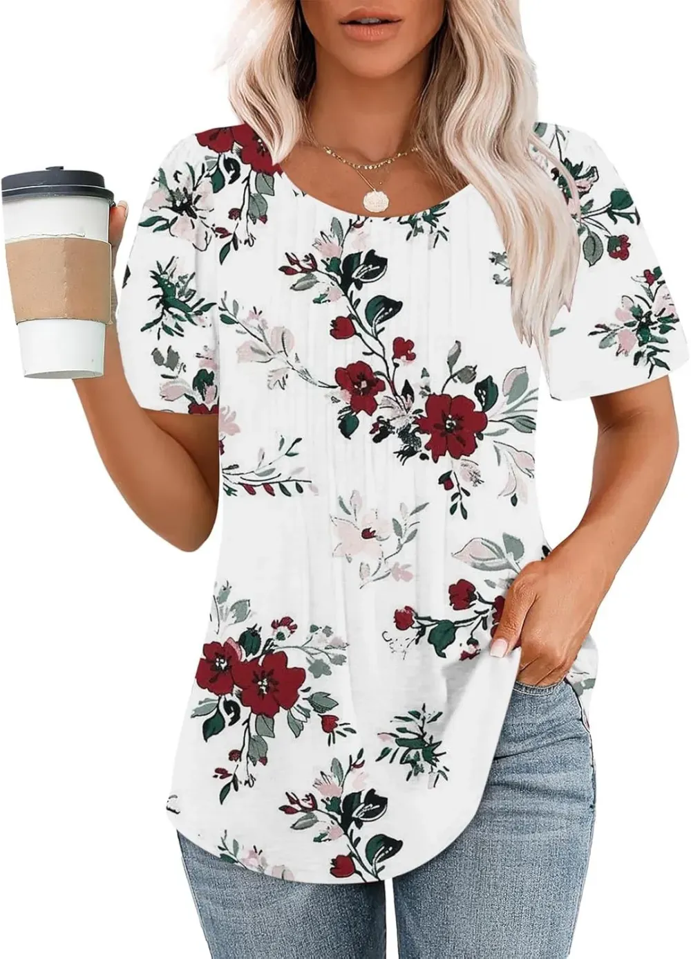 Womens Summer Pleated Front Shirts Tunics Casual Short Sleeved Loose Round Neck Boho Printed Tops Vacation Blouse