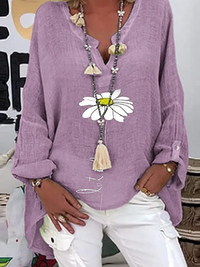 Ladies Cotton Linen V-Neck Plus Size Printed Shirt