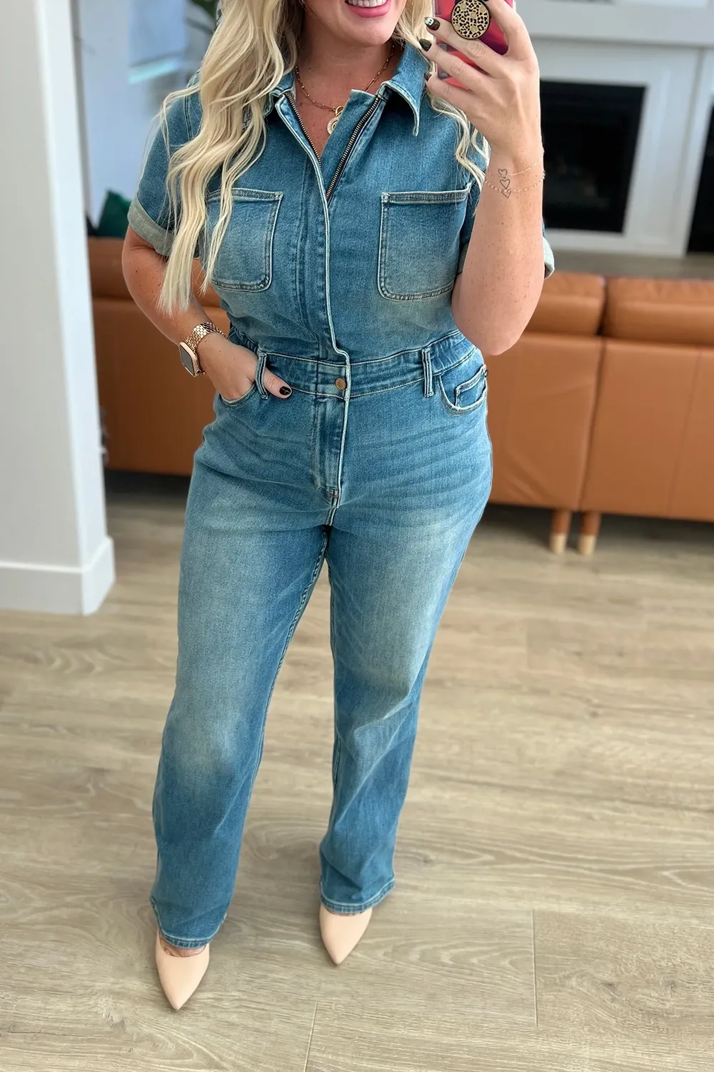 Blue Classic Minimalist Zipper Slim-Fit Jumpsuit