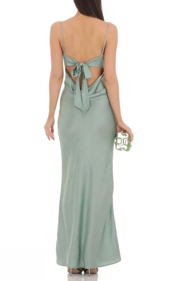Satin Open Back Maxi Dress in Sage