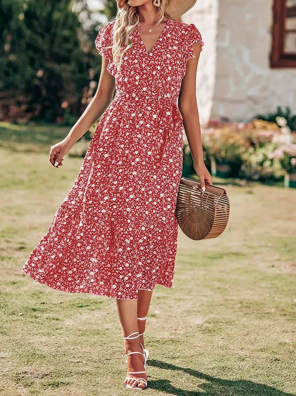 Women Summer Bohemian Floral Casual Wrap V Neck Ruffle Cap Sleeveless Belt A-Line Pleated Hem Swing Midi Sun Dress