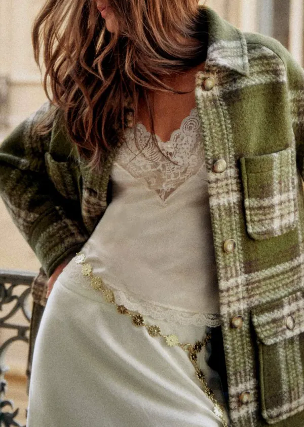 Khaki Check Checked Coat With Classic Collar