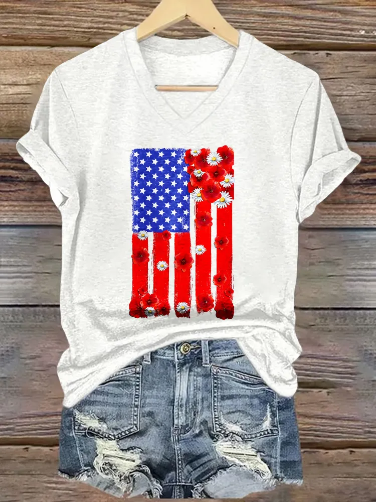 Women'S T-Shirt With National Flag Pattern Printed Pure Cotton V-Neck Short-Sleeved T-Shirt
