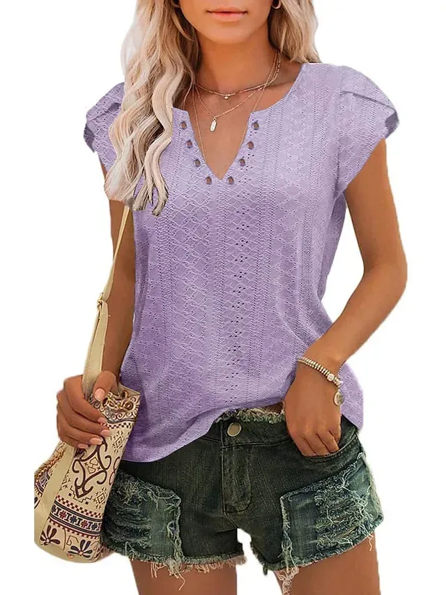 Women's T shirt Tee Light Blue Black White Plain Button Short Sleeve Casual Basic V Neck Regular S