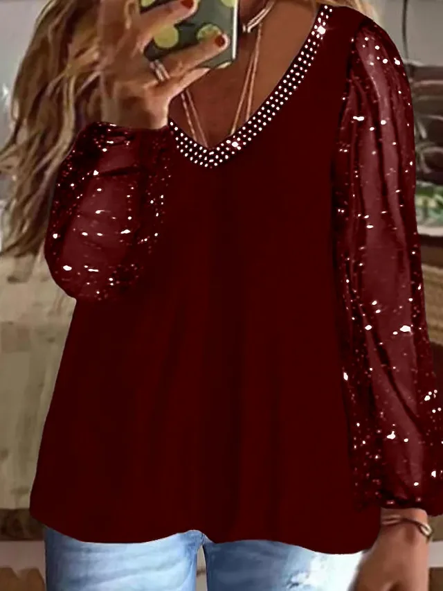 Women's Plus Size Going Out Tops Blouse Concert Tops Black Wine Dark Blue Plain Sparkly Mesh Rhinestone Long Sleeve Daily Date Vacation Vintage Fashion Elegant V Neck Regular Fit Spring Fall