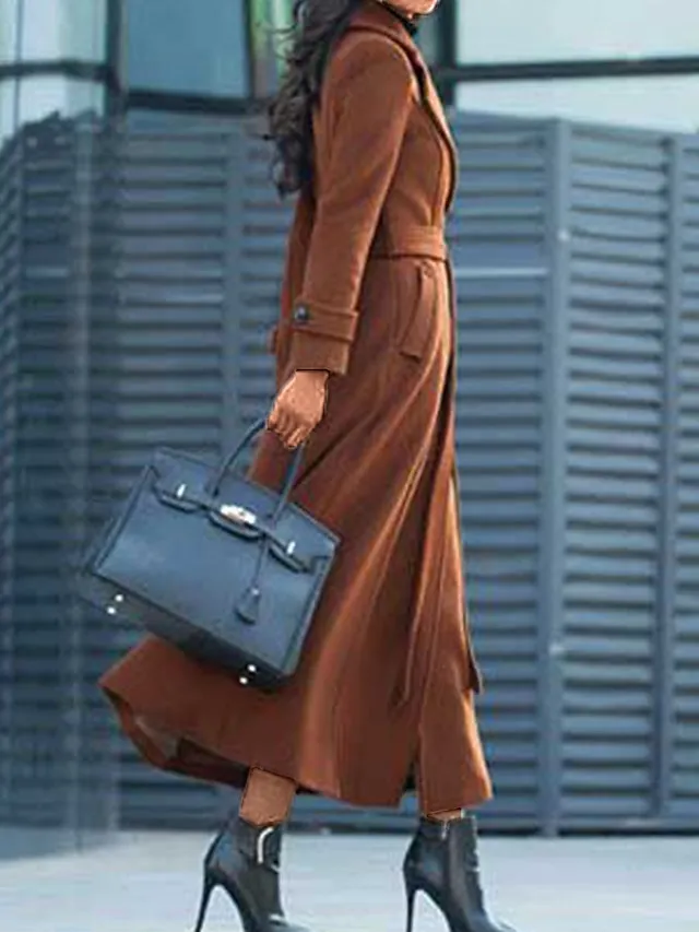 Women's Long Overcoat Winter Coat Single Breasted Trench Coat Thermal Warm Windproof Belted Dress Coat Fall Silm Fit Elegant Lady Coat Classic Jacket Long Sleeve