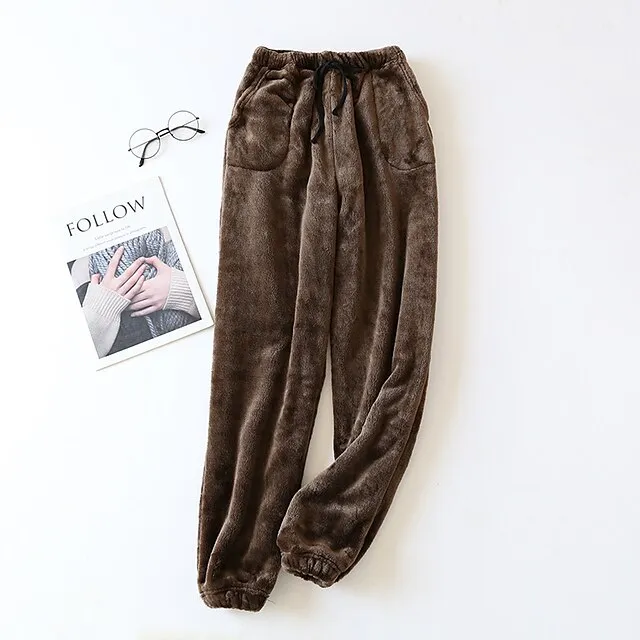 Women's Fleece Fluffy Fuzzy Warm Pajamas Pants Pjs Pure Color Simple Comfort Plush Home Daily Bed Gift Long Pant Elastic Waist Winter Fall Black Blue