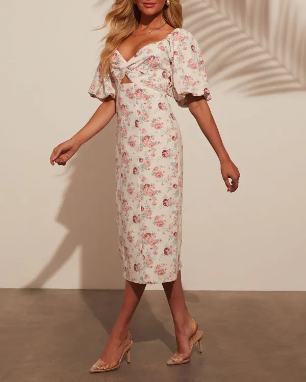 Puff Sleeve Printed Midi Dress