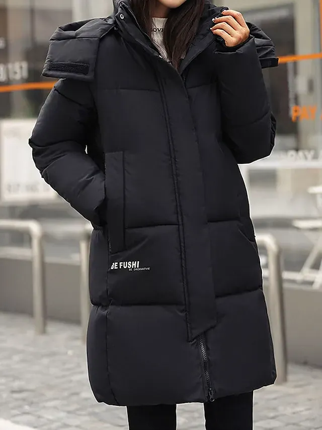 Women's Puffer Jacket Winter Long Parka Windproof Warm with Pocket Full Zip Hoodie Heated Jacket Modern Outdoor Street Khaki Regular Fit Outerwear Long Sleeve