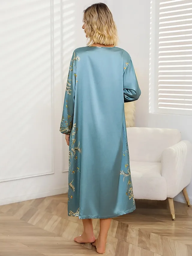 Women's Satin Silk Silp Lingerie and Robs 2Pcs Floral Print Cherry Casual Comfort Soft Home Daily Bed Satin Breathable Straps Sleeveless Strap Top Fall Winter Black Champagne