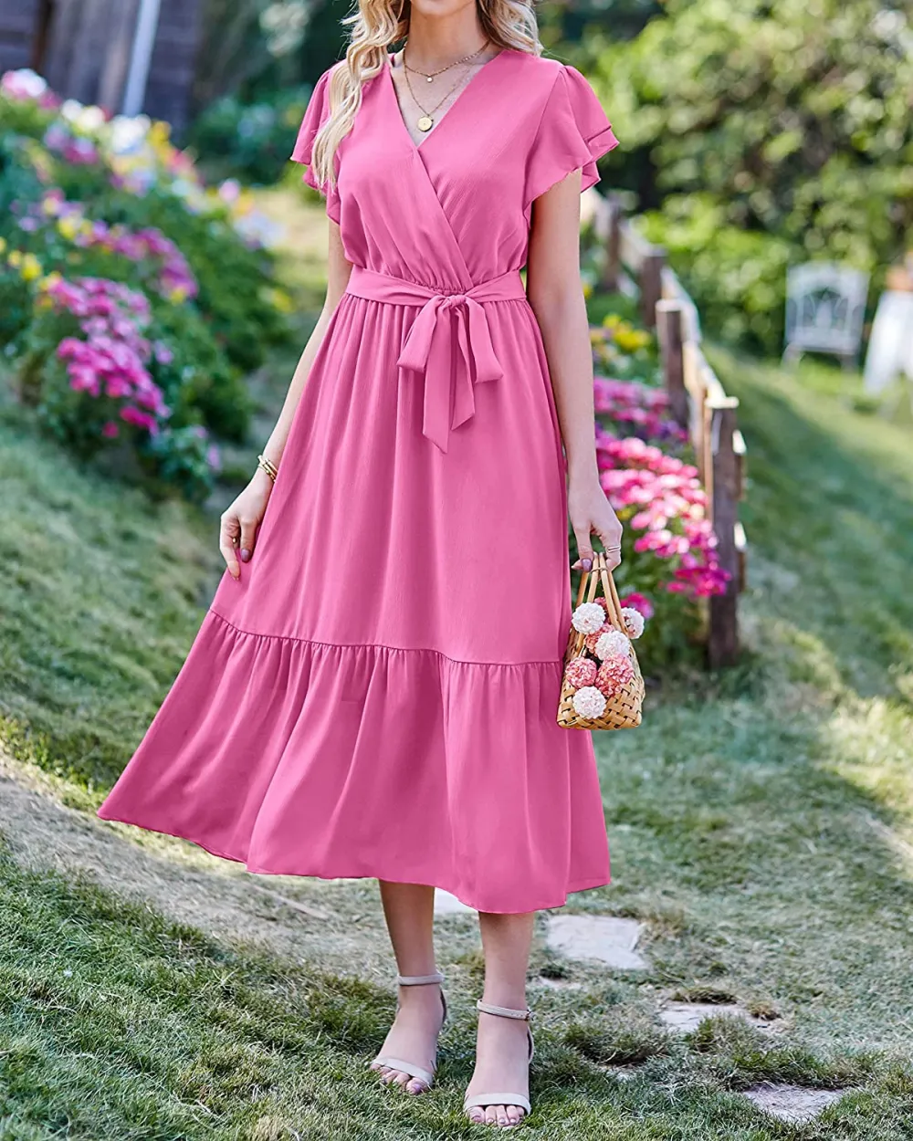 Women Summer Bohemian Floral Casual Wrap V Neck Ruffle Cap Sleeveless Belt A-Line Pleated Hem Swing Midi Sun Dress