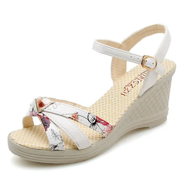 Women's Sandals Wedge Sandals Ankle Strap Sandals Party Daily Summer Wedge Heel Peep Toe Elegant Sexy PU Leather Faux Leather Ankle Strap Color Block White Pink Blue