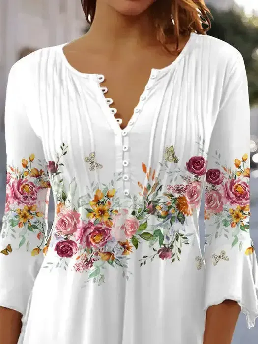 Women 3/4 Sleeve V-neck Floral Printed Tops