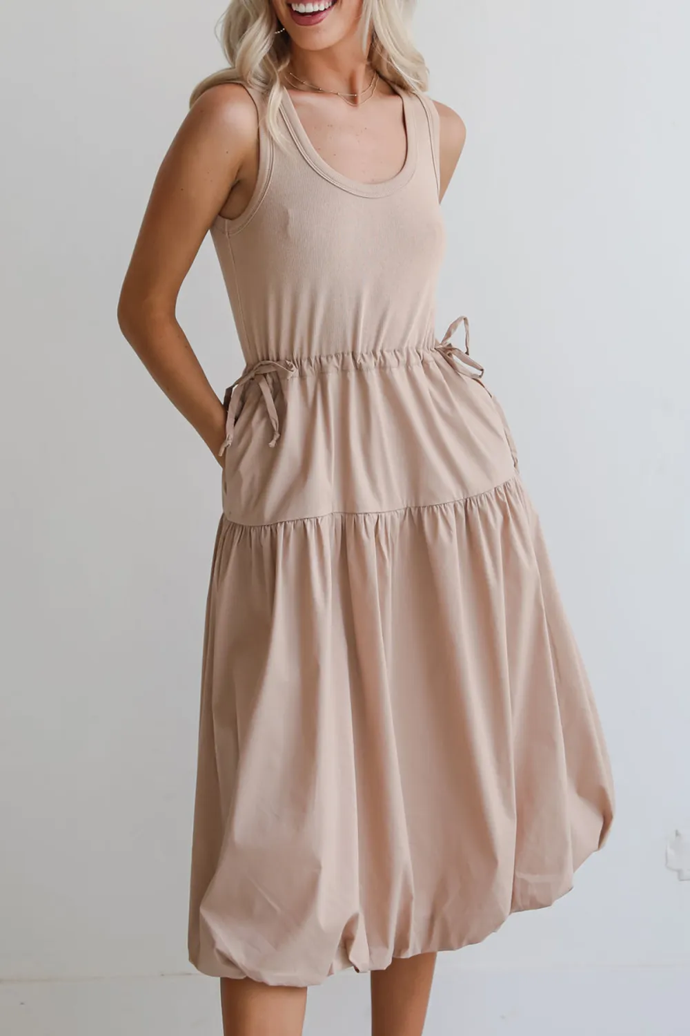 Darling Sophistication Taupe Contrast Midi Dress