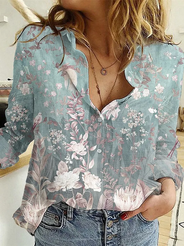 Women's Shirt Blouse Black Pink Army Green Graphic Floral Button Print Long Sleeve Daily Weekend Tropical Vintage Shirt Collar Regular Floral S