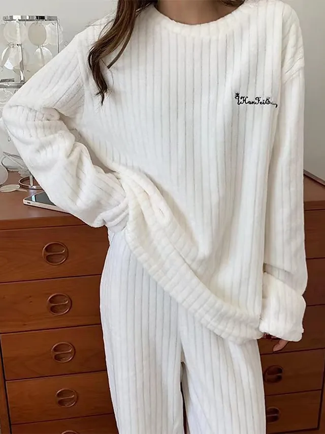 Women's Fleece Fluffy Fuzzy Warm Pajamas Sets Letter Plush Casual Comfort Home Daily Bed Coral Fleece Coral Velvet Warm Crew Neck Long Sleeve Pullover Pant Elastic Waist Fall Winter Light Pink White