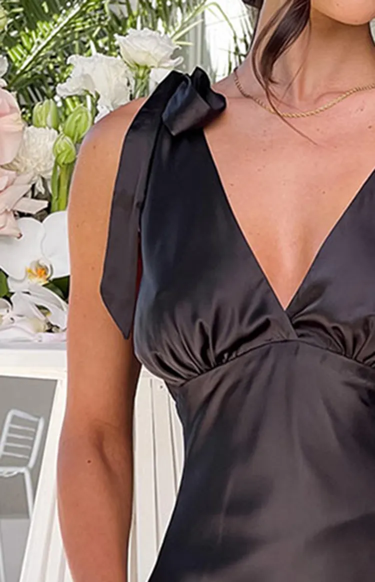 V-Neck Black Satin Maxi Dress