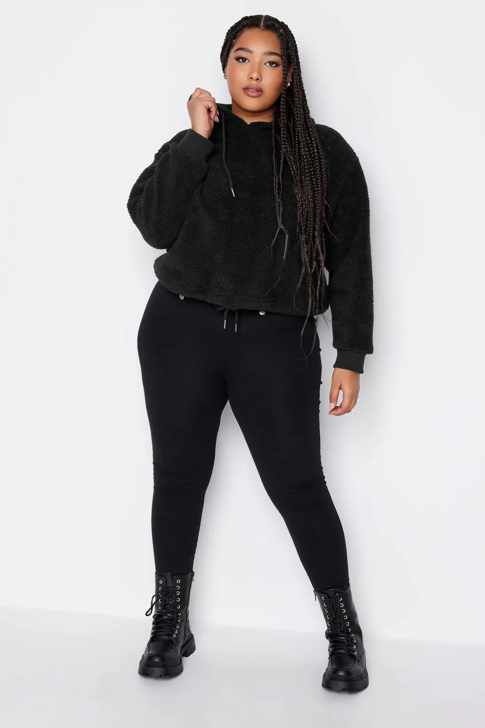 YOURS Curve Black Teddy Cropped Fleece Hoodie
