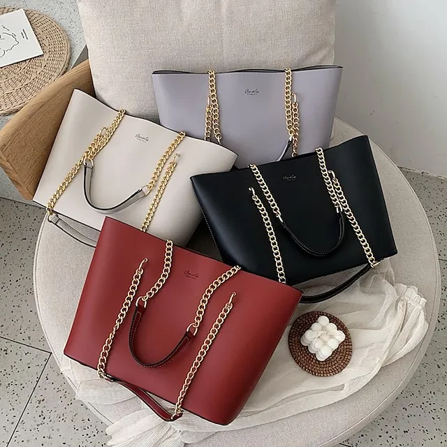 Women's Shoulder Bag Tote Crossbody Bag Leather PU Leather Outdoor Office Daily Chain Solid Color Black White Red