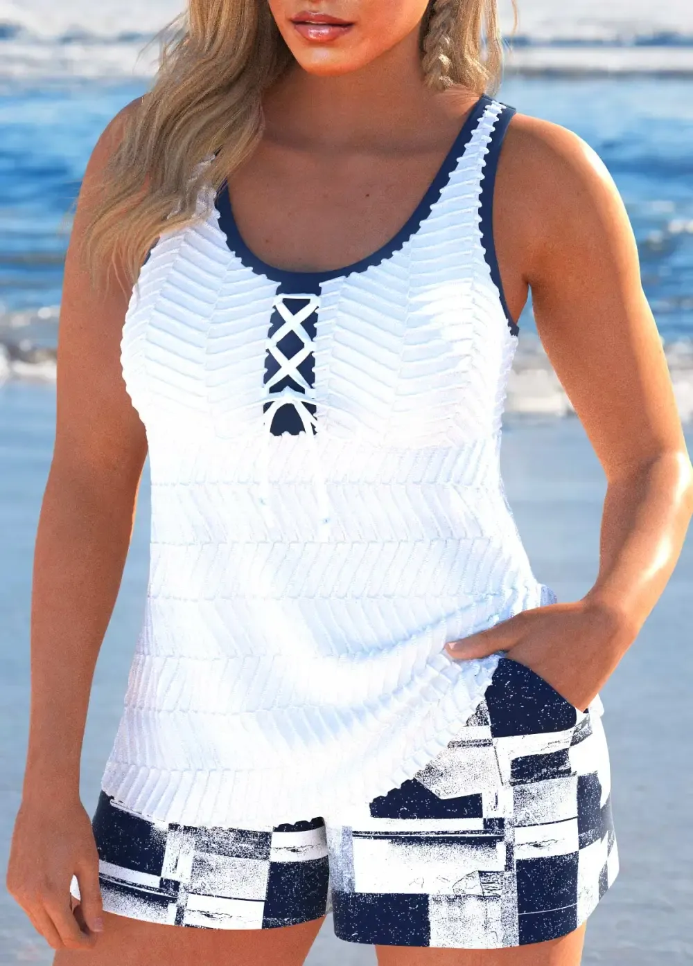 Jacquard Geometric Print White Tankini Set