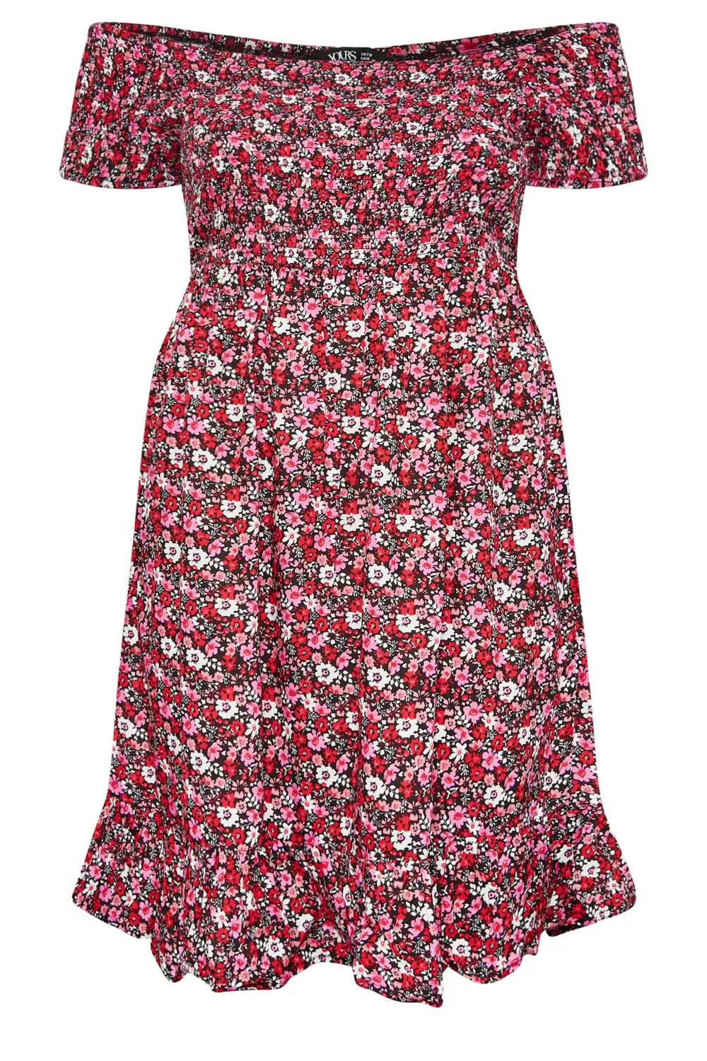 YOURS Curve Pink Floral Shirred Bardot Mini Dress
