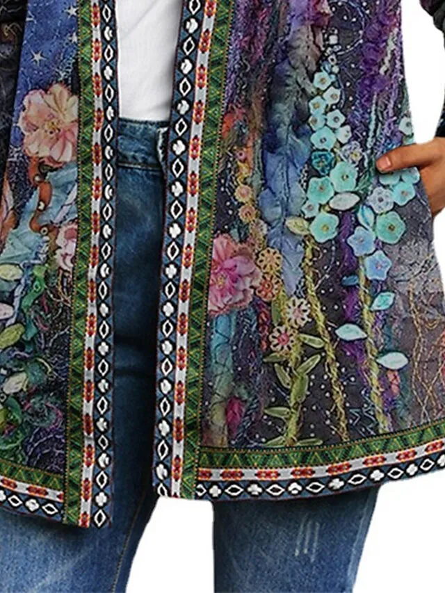 Women's Casual Jacket Floral Print Fall Winter Regular Coat Regular Fit Casual Baroque Jacket Long Sleeve Blue Daily Holiday